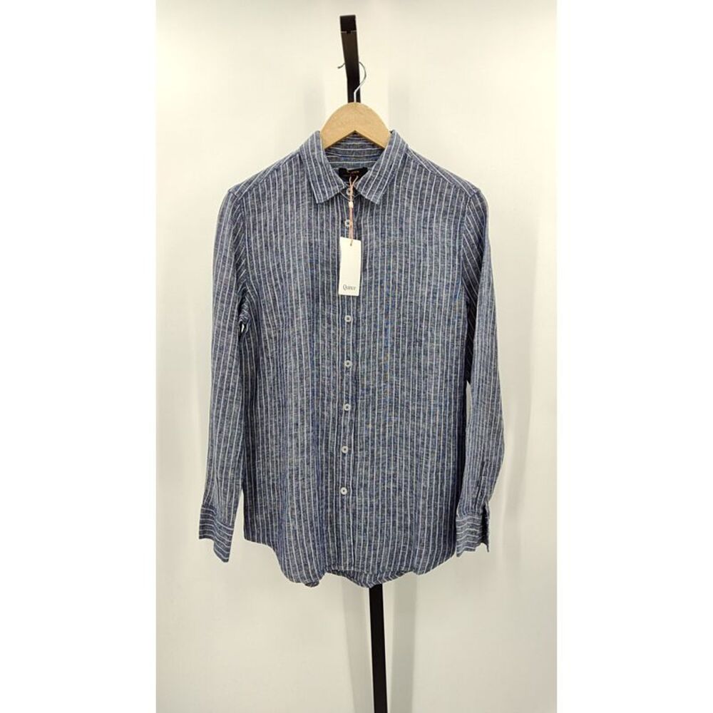 Quince Linen Navy and White Stripe Button-Down Shirt